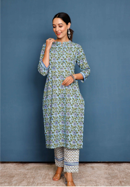 Women's Women Sky Blue Floral Hand Printed Kurta With White Pants - Pheeta