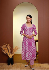 Women's Hand Printed Straight Kurta With Detailed Neckline ,Placket,Sleeve And Striped Pants  - Pheeta