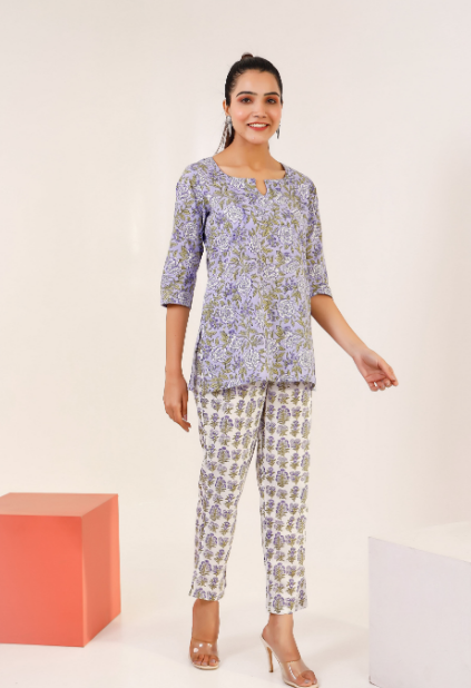 Women's Lavendar Floral Hand Printed Loungewear Set - Pheeta