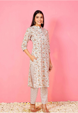 Women's Off White Floral Straight Kurta With Small Booti Print Pants - Pheeta