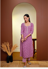 Women's Hand Printed Straight Kurta With Detailed Neckline ,Placket,Sleeve And Striped Pants  - Pheeta