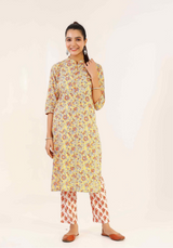 Women's Straight Fit Cotton Kurta Set With Hand Print - Pheeta