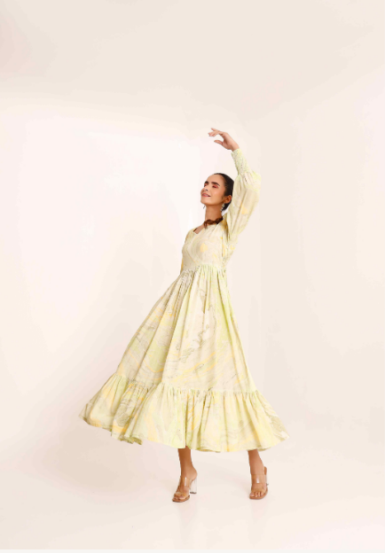 Women's Yellow Floral Print 3-Tier Gathered Dress - Pheeta