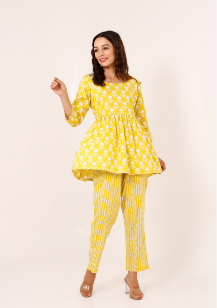 Women's Yellow Hand Printed Peplum Set - Pheeta