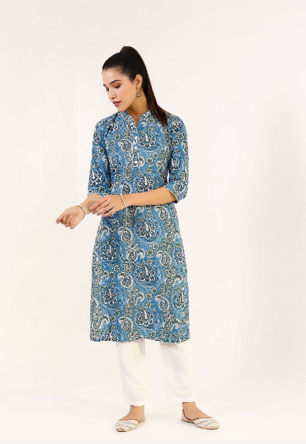 Women's Blue Hand Printed Kurta  & Solid White Pants - Pheeta
