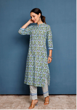Women's Women Sky Blue Floral Hand Printed Kurta With White Pants - Pheeta