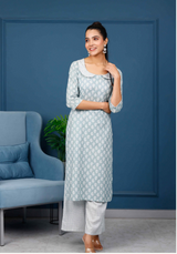 Women's Repeat Motifed Hand Printed Kurta With Pale Grey Hand Printed Pants  - Pheeta