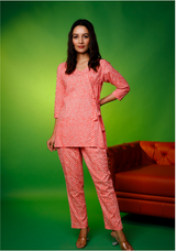 Women's Orange Hand Printed Angarakha Kurta With Pant  Loungewear Set - Pheeta