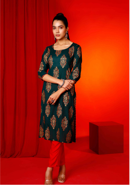 Women's Forest Green Hand Printed Kurta With Solid Red Pant  - Pheeta