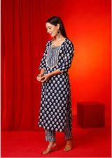 Women's Hand Printed Straight Kurta With Detailed Yoke And Pants  - Pheeta