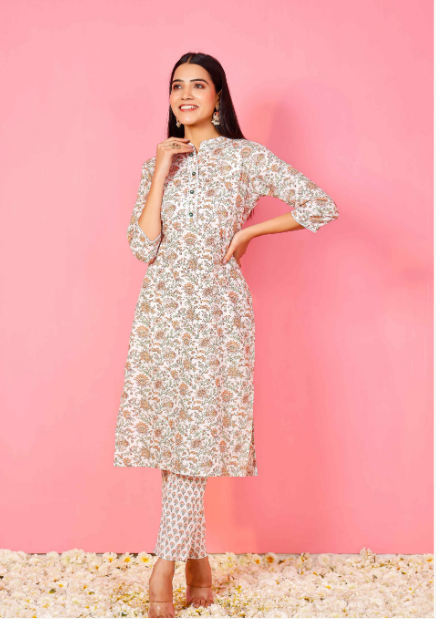 Women's Off White Floral Straight Kurta With Small Booti Print Pants - Pheeta