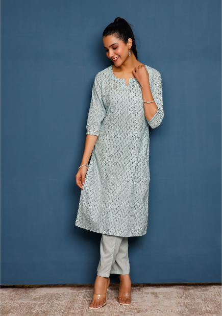 Women's Mint Green Ethnic Motifs Hand Printed Kurta With Solid Trousers - Pheeta