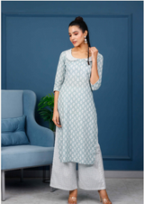 Women's Repeat Motifed Hand Printed Kurta With Pale Grey Hand Printed Pants  - Pheeta