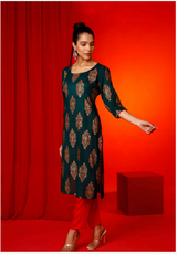 Women's Forest Green Hand Printed Kurta With Solid Red Pant  - Pheeta