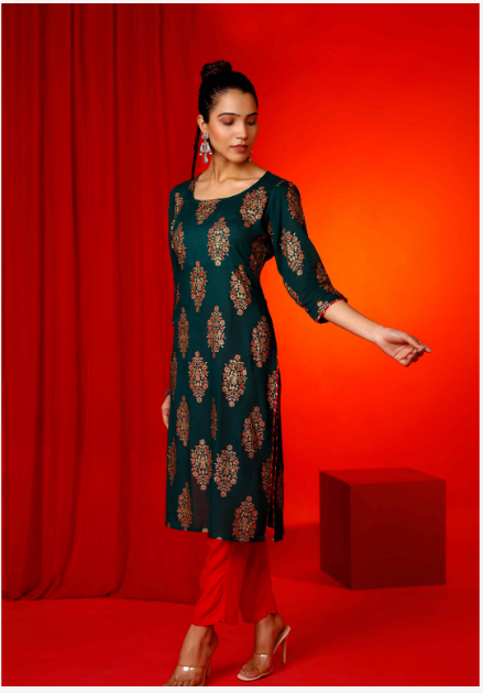 Women's Forest Green Hand Printed Kurta With Solid Red Pant  - Pheeta