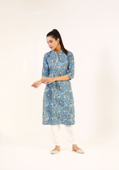 Women's Blue Hand Printed Kurta  & Solid White Pants - Pheeta
