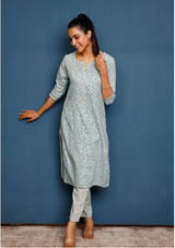 Women's Mint Green Ethnic Motifs Hand Printed Kurta With Solid Trousers - Pheeta
