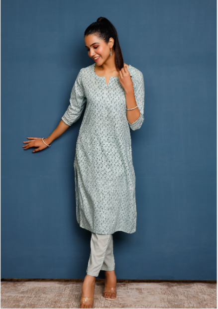 Women's Mint Green Ethnic Motifs Hand Printed Kurta With Solid Trousers - Pheeta