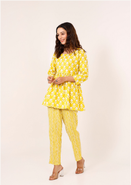 Women's Yellow Hand Printed Peplum Set - Pheeta