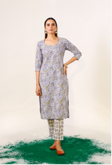Women's  Floral Lavendar Hand Print Straight Kurta And Pants With Temple Gota Lace Detailings - Pheeta