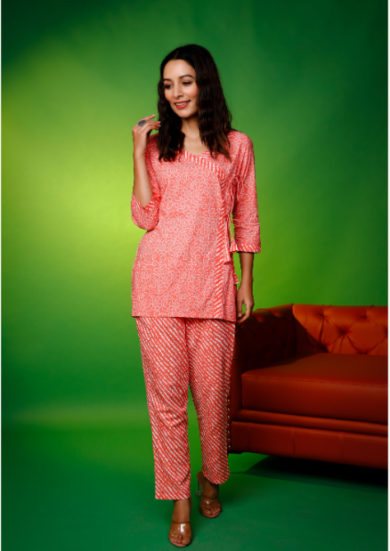 Women's Orange Hand Printed Angarakha Kurta With Pant  Loungewear Set - Pheeta