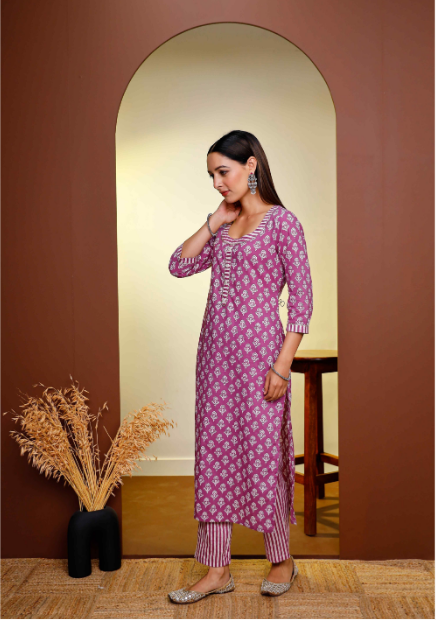Women's Hand Printed Straight Kurta With Detailed Neckline ,Placket,Sleeve And Striped Pants  - Pheeta