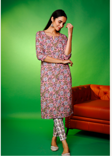 Women's Women Dusky Pink Hand Printed Kurta And Pant - Pheeta