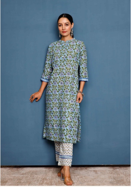 Women's Women Sky Blue Floral Hand Printed Kurta With White Pants - Pheeta