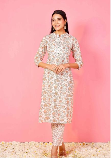 Women's Off White Floral Straight Kurta With Small Booti Print Pants - Pheeta