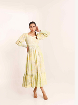 Women's Yellow Floral Print 3-Tier Gathered Dress - Pheeta