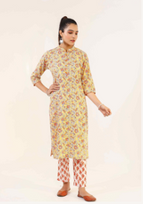 Women's Straight Fit Cotton Kurta Set With Hand Print - Pheeta