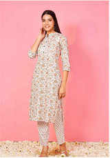 Women's Off White Floral Straight Kurta With Small Booti Print Pants - Pheeta