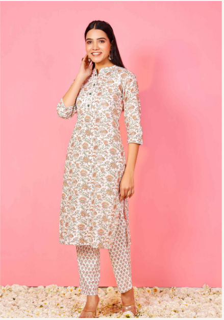 Women's Off White Floral Straight Kurta With Small Booti Print Pants - Pheeta