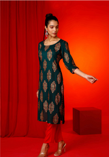 Women's Forest Green Hand Printed Kurta With Solid Red Pant  - Pheeta