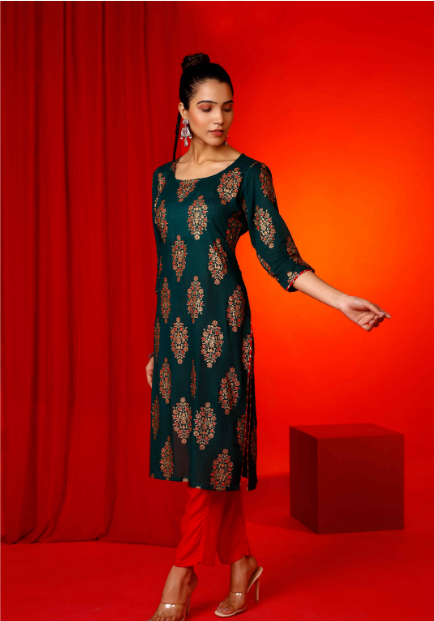 Women's Forest Green Hand Printed Kurta With Solid Red Pant  - Pheeta