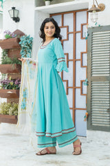 Turquoise Blue Kurta Set With Hand Paint Organza Dupatta