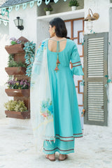 Turquoise Blue Kurta Set With Hand Paint Organza Dupatta