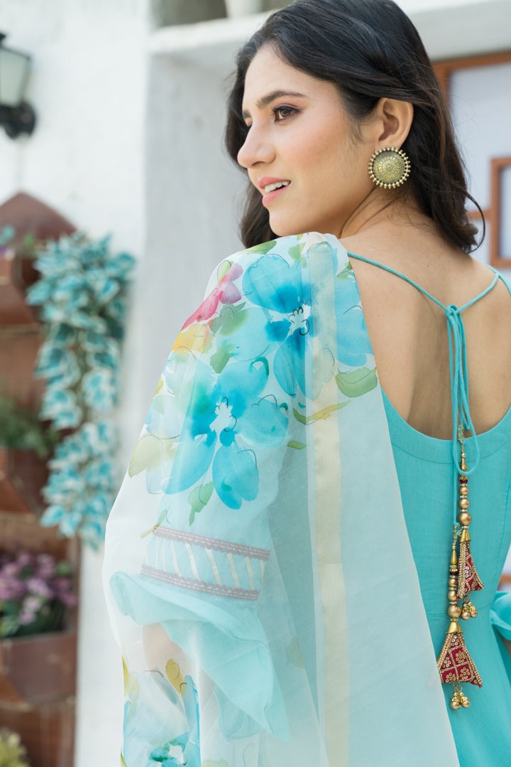 Turquoise Blue Kurta Set With Hand Paint Organza Dupatta