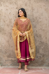 Rosewood Solid Wine Flared Kurta Set Paired With Solid Pant And Brown Net Embroider Dupatta