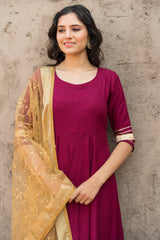 Rosewood Solid Wine Flared Kurta Set Paired With Solid Pant And Brown Net Embroider Dupatta