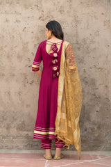 Rosewood Solid Wine Flared Kurta Set Paired With Solid Pant And Brown Net Embroider Dupatta