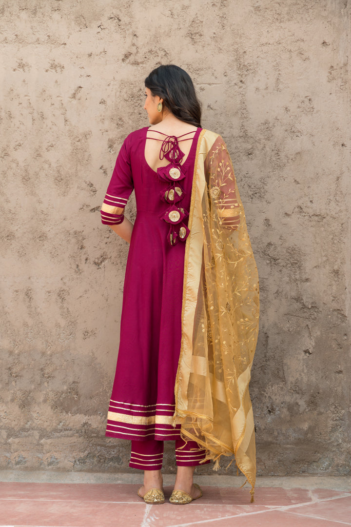 Rosewood Solid Wine Flared Kurta Set Paired With Solid Pant And Brown Net Embroider Dupatta