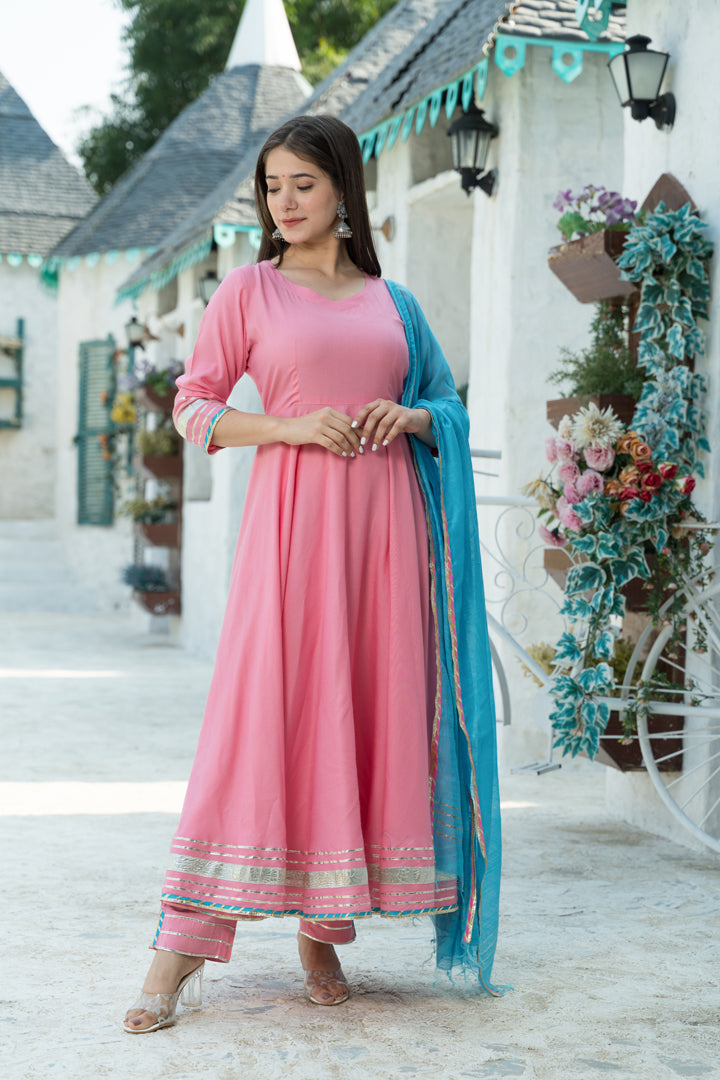 Rose Pink Flared Kurta Dupatta Set