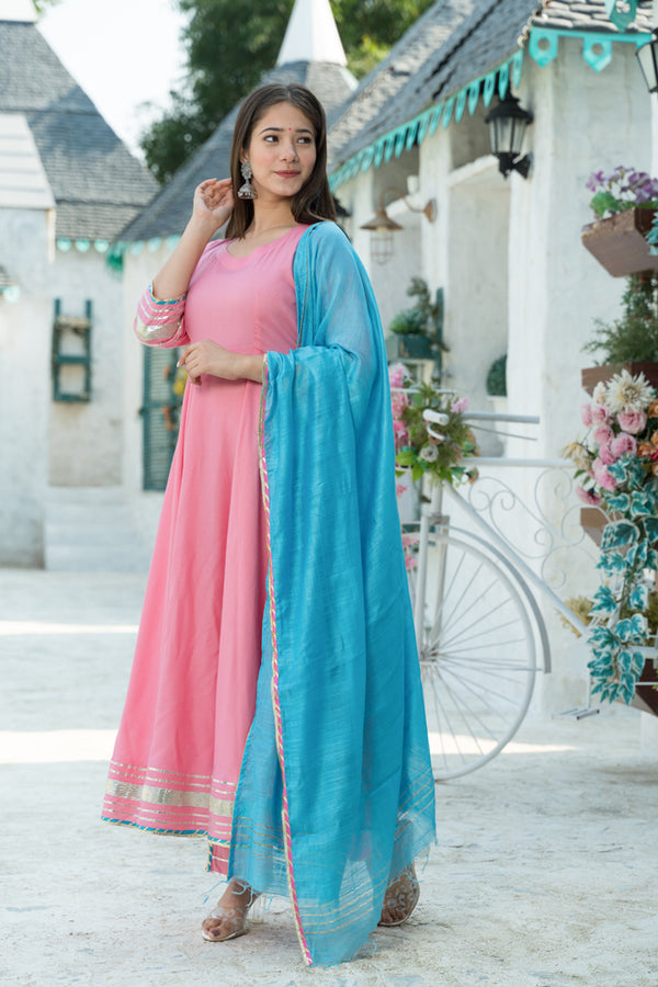 Rose Pink Flared Kurta Dupatta Set