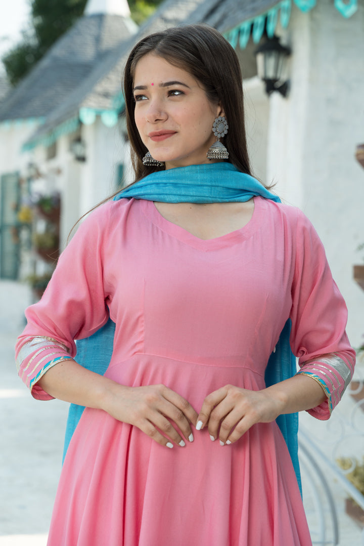 Rose Pink Flared Kurta Dupatta Set