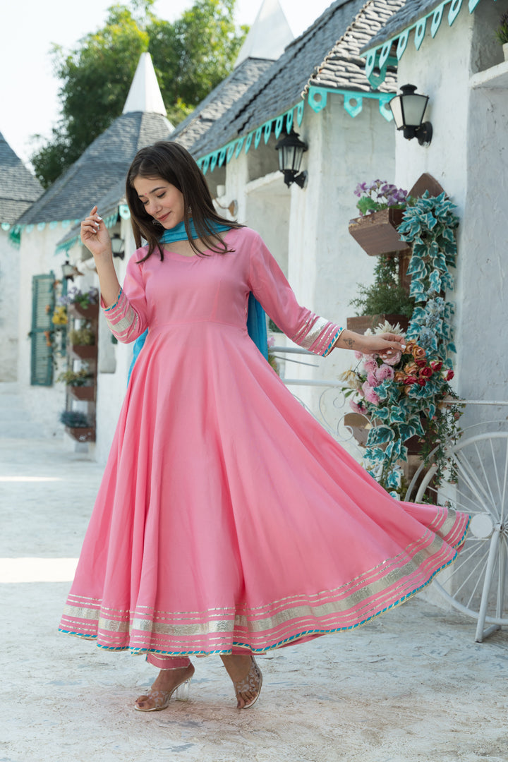 Rose Pink Flared Kurta Dupatta Set