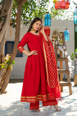 Royal Solid Red Kurta Palazzo Set With Chanderi Dupatta