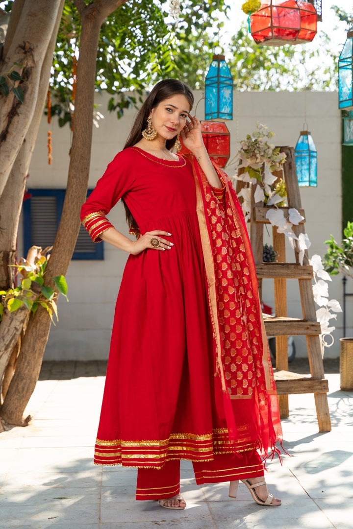 Royal Solid Red Kurta Palazzo Set With Chanderi Dupatta