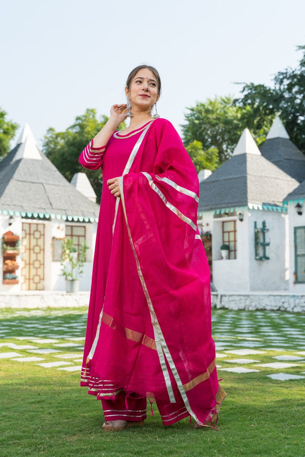 Rani Pink Solid Anarkali Suit Palazzo Set Paired With Kota Doria Dupatta
