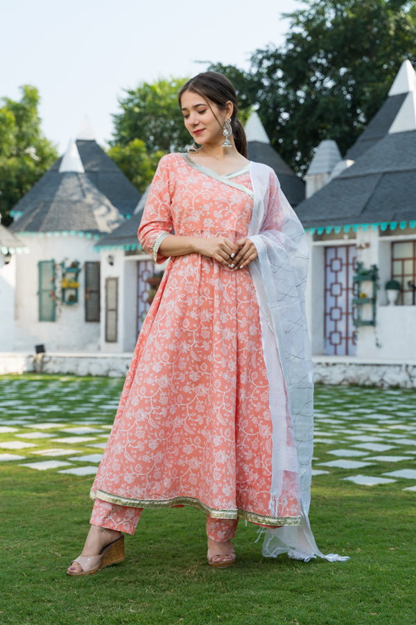 Elegant Peach Printed Overlap Angrakha Style Anarkali Suit Set With Cotton Tissue Dupatta